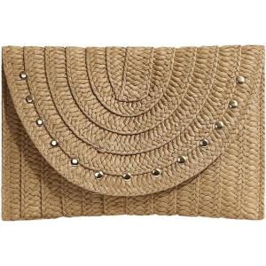 imageFloerns Womens Studded Straw Bag Woven Purse Bag Envelope Clutch WalletKhaki
