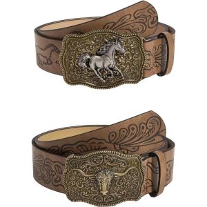 imageFloerns Womens 2 Pcs Leather Belt Cowboy Western Vintage Animal Buckle Belt for JeanBrown Multi