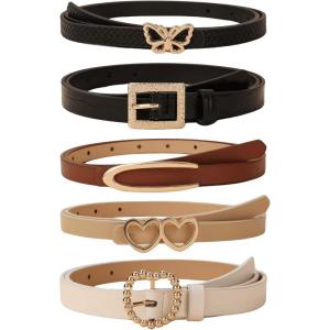 imageFloerns Womens 5 Pcs Leather Belt for Jeans Dress Thin Belt with Pattern BuckleBeige Multi