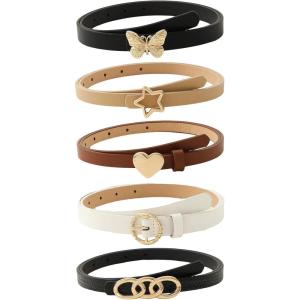 imageFloerns Womens 5 Pcs Leather Belt for Jeans Dress Thin Belt with Pattern BuckleBlack Multi