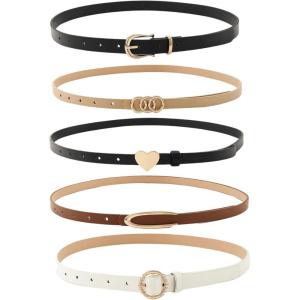 imageFloerns Womens 5 Pcs Leather Belt for Jeans Dress Thin Belt with Pattern BuckleWhite Multi