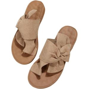 imageFloerns Womens Bowknot Summer Slip on Shoes Flat Thong Sandals Beach SandalsKhaki