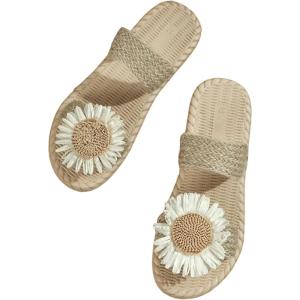 imageFloerns Womens Floral Boho Open Toe Straw Flat Sandal Summer Beach SandalBeige