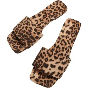 imageFloerns Womens Leopard Print Square Open Toe Slip On Summer Flat SandalBrown