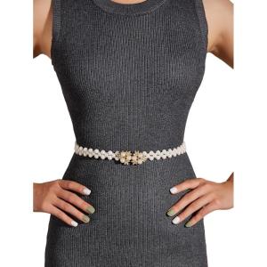 imageFloerns Womens Rhinestone Pearls Wedding Bridal Belt Thin Belt Bridesmaid SashWhite