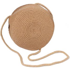 imageFloerns Womens Round Crossbody Purse Bag Beach Summer Straw Shoulder BagKhaki