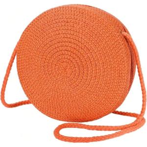 imageFloerns Womens Small Round Straw Crossbody Purse Beach Circle Boho Shoulder BagBurnt Orange