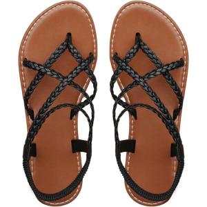 imageFloerns Womens Strappy Braided Sandals Open Toe Bohemian Beach Flat SandalsBlack