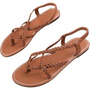 imageFloerns Womens Strappy Braided Sandals Open Toe Bohemian Beach Flat SandalsBrown