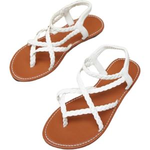 imageFloerns Womens Strappy Braided Sandals Open Toe Bohemian Beach Flat SandalsWhite