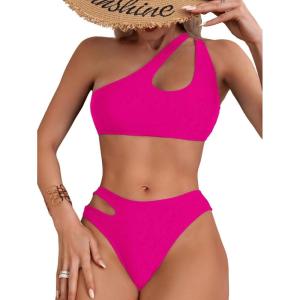 imageFloerns Womens 2 Piece Bathing Suit Cut Out One Shoulder Bikini SwimsuitHot Pink