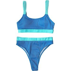 imageFloerns Womens 2 Piece Bikini Set Ribbed Knit Colorblock Bikini Bra and High Cut SwimwearBlue