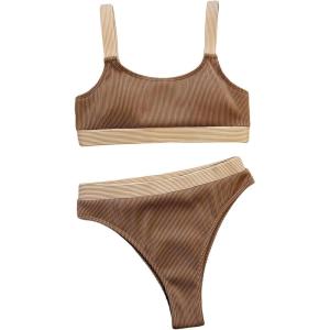 imageFloerns Womens 2 Piece Bikini Set Ribbed Knit Colorblock Bikini Bra and High Cut SwimwearCoffee Brown