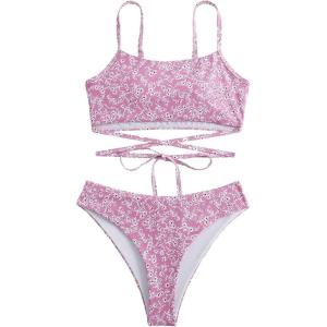 imageFloerns Womens 2 Piece Ditsy Floral Print Criss Cross Tie Back Bikini Swimsuit SetPink