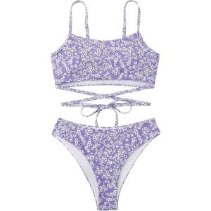 imageFloerns Womens 2 Piece Ditsy Floral Print Criss Cross Tie Back Bikini Swimsuit SetPurple and White