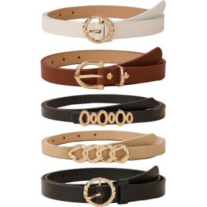 imageFloerns Womens 5 Pcs PU Leather Thin Belt for Jeans Dress with Pattern BuckleWhite Brown Black Beige