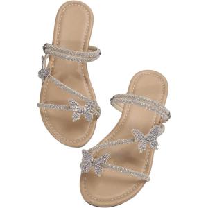 imageFloerns Womens Elegant Rhinestone Butterfly Transparent Elastic Strap Summer Flat SandalsApricot
