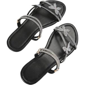 imageFloerns Womens Elegant Rhinestone Butterfly Transparent Elastic Strap Summer Flat SandalsBlack