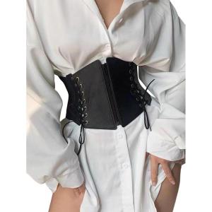 imageFloerns Womens Pu Leather Zipper Lace Up Knot Corset BeltBlack