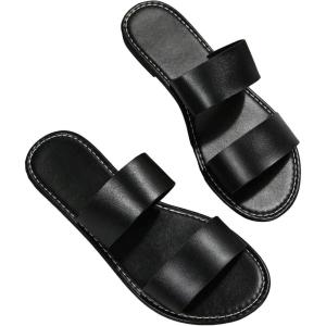 imageFloerns Womens Slide Sandals Two Straps Slip on Flat Sandals Summer ShoesBlack