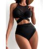imageFloerns Womens 2 Piece Criss Cross Mesh Tank Top and High Waist Bottoms Bikini Set