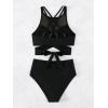 imageFloerns Womens 2 Piece Criss Cross Mesh Tank Top and High Waist Bottoms Bikini Set
