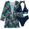 imageFloerns Womens 3 Piece Tropical Print Deep V Neck Halter Bikini Swimsuit with KimonoBlue