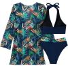 imageFloerns Womens 3 Piece Tropical Print Deep V Neck Halter Bikini Swimsuit with KimonoBlue