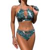 imageFloerns Womens 3 Piece Tropical Print High Neck Halter Bikini Swimsuit with KimonoGreen