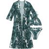 imageFloerns Womens 3 Piece Tropical Print High Neck Halter Bikini Swimsuit with KimonoGreen