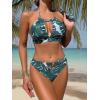 imageFloerns Womens 3 Piece Tropical Print High Neck Halter Bikini Swimsuit with KimonoGreen