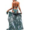 imageFloerns Womens 3 Piece Tropical Print High Neck Halter Bikini Swimsuit with KimonoGreen