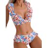 imageFloerns Womens Floral Print Ruffle Trim V Neck Criss Cross Tie Back Bikini SetPink Multi