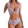 imageFloerns Womens Floral Print Ruffle Trim V Neck Criss Cross Tie Back Bikini SetPink Multi