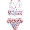 imageFloerns Womens Floral Print Ruffle Trim V Neck Criss Cross Tie Back Bikini SetPink Multi