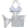 imageFloerns Womens Metallic Sparkly Bikini Set Halter Neck 3 Piece Bathing SuitSilver