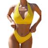 imageFloerns Womens 2 Piece Bathing Suit Halter Neck Solid High Cut Bikini SetYellow
