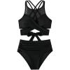 imageFloerns Womens 2 Piece Criss Cross Mesh Tank Top and High Waist Bottoms Bikini Set