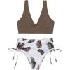 imageFloerns Womens 2 Piece Solid V Neck Bra and Tropical Print High Waist Bottoms Bikini Swimsuit SetBrown