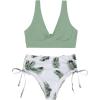 imageFloerns Womens 2 Piece Solid V Neck Bra and Tropical Print High Waist Bottoms Bikini Swimsuit SetGreen