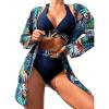 imageFloerns Womens 3 Piece Tropical Print Deep V Neck Halter Bikini Swimsuit with KimonoBlue