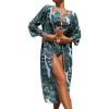 imageFloerns Womens 3 Piece Tropical Print High Neck Halter Bikini Swimsuit with KimonoGreen