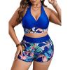 imageFloerns Womens Plus Size Tropical Print Halter Neck Shorts Bikini SwimsuitsRoyal Blue