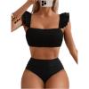 imageFloerns Womens Ruffled Spaghetti Strap Wireless Bra Two Piece Bathing Set SwimsuitBlack