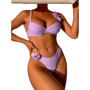 imageFloerns Womens 2 Piece 3D Flower Bikini Swimsuit Push Up Ruched Bathing SuitMauve Purple