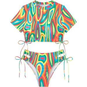 imageFloerns Womens 2 Piece Allover Print Drawstring Side Crop Top Tide Side Tankini Swimsuit