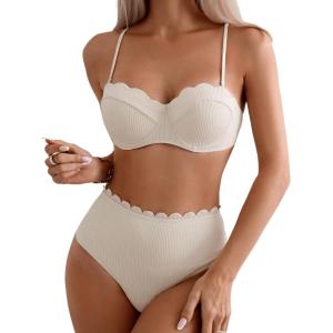 imageFloerns Womens 2 Piece Bikini Sets Scallop Trim High Waisted Bathing Suits