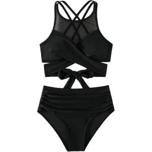 imageFloerns Womens 2 Piece Criss Cross Mesh Tank Top and High Waist Bottoms Bikini Set