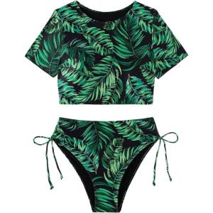 imageFloerns Womens 2 Piece Scoop Neck Short Sleeve Top High Waist Drawstring Side Swimsuit SetGreen