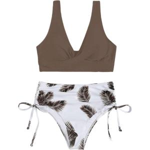imageFloerns Womens 2 Piece Solid V Neck Bra and Tropical Print High Waist Bottoms Bikini Swimsuit SetBrown